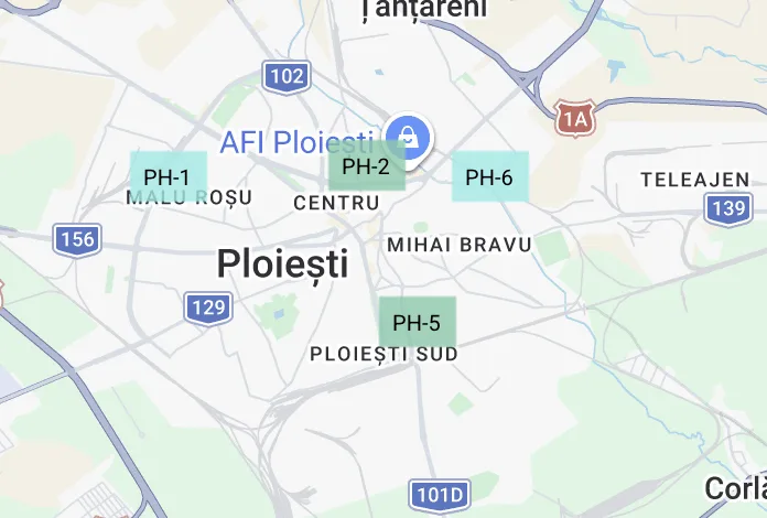 Hartă cu poziționarea stațiilor PH-1, PH-2, PH-5 și PH-6 din Ploiești